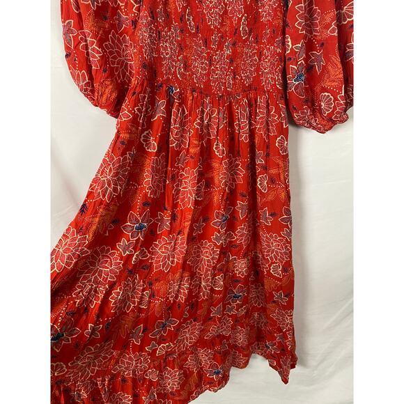 Angie Rayon Smocked Res MIDI Dress Balloon Sleeve Pocketed Floral Summer Size M - Picture 8 of 8